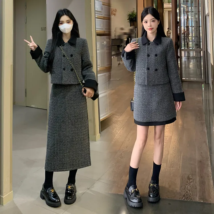 大码女装小香风长短款套装翻领双排扣加棉外套+半身裙二件套8940