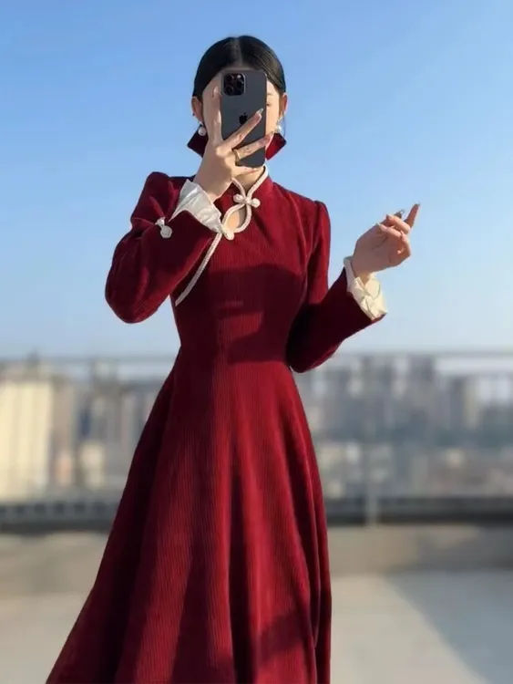 大码新中式国风旗袍领秋冬新年战袍加厚连衣裙 3519