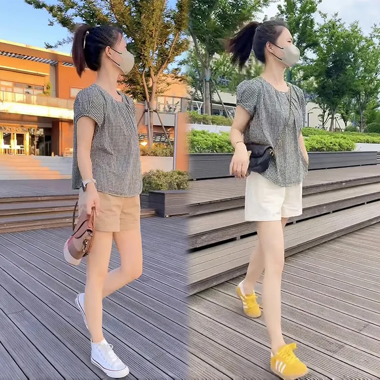减龄一整套穿搭高级感时尚格子短袖圆领衬衫显瘦阔腿休闲短裤套装