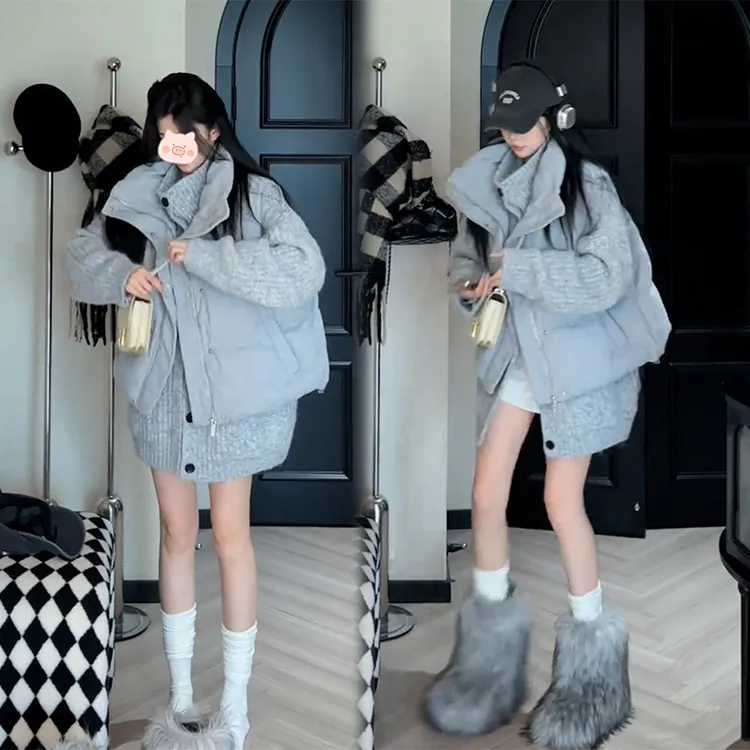 休闲无袖面包服百搭马甲外套女2024冬季保暖棉服搭单排扣毛衣套装