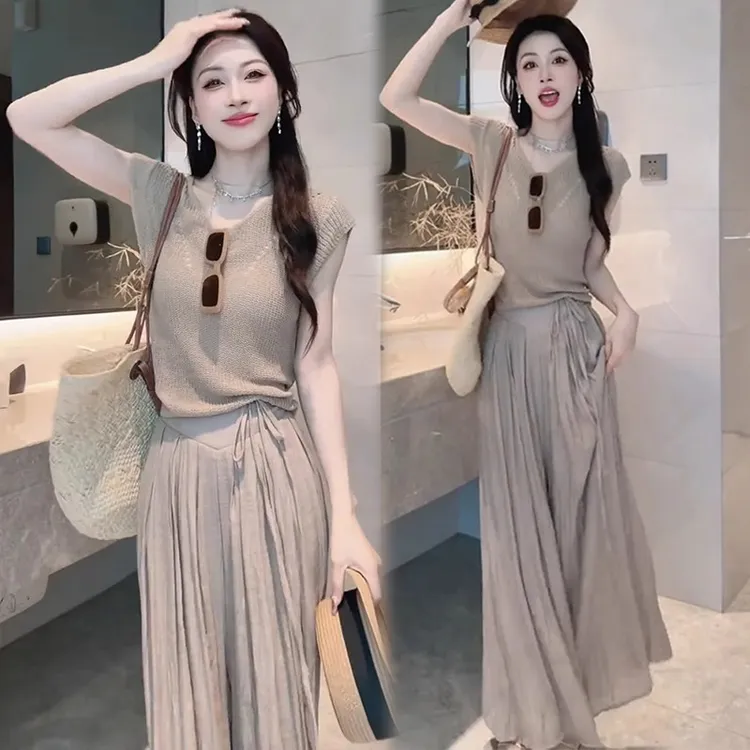 夏天搭配时尚修身显瘦V领针织上衣高腰阔腿裤女装两件套女新款