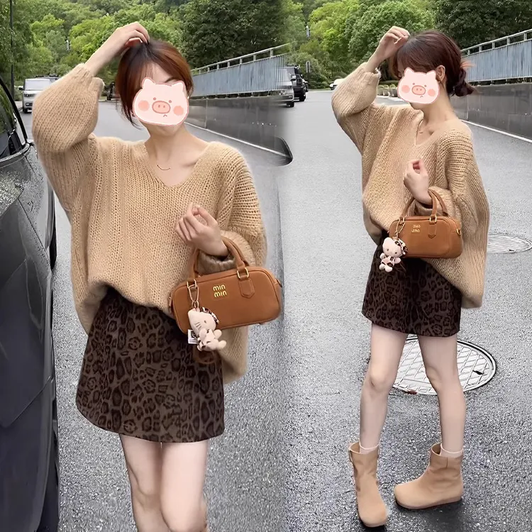 小香风套装女2024秋装新款宽松慵懒风v领针织衫豹纹半身裙两件套