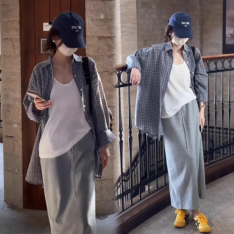 早秋穿搭套装女2024慵懒风宽松百搭格子衬衫显瘦休闲半身裙两件套
