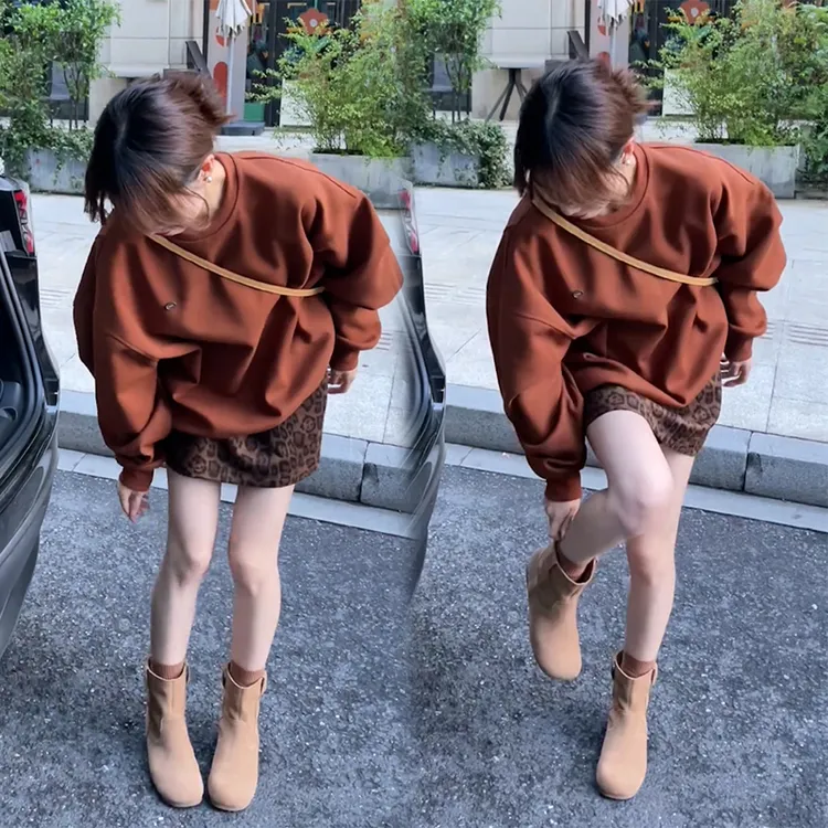 韩版chic宽松遮肉中长款卫衣女2024秋季百搭上衣豹纹短裙两件套装