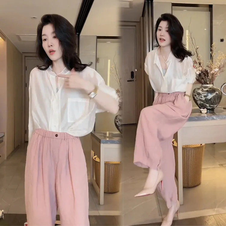 时尚潮流百搭精品女装薄透衬衫阔腿裤两件套装女2024新款爆款洋气