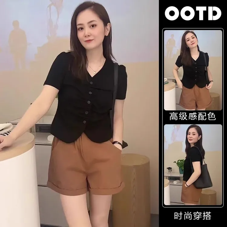 今年流行爆款休闲风女装夏季穿搭套装黑色开衫上衣阔腿短裤两件套