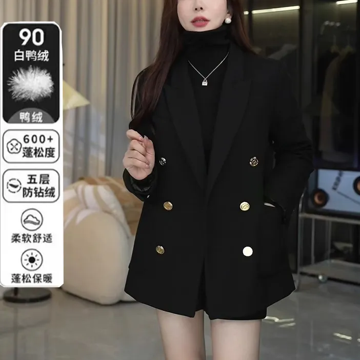 秋冬白鸭绒西装外套女新款韩版洋气宽松气质黑色显瘦西服上衣开叉