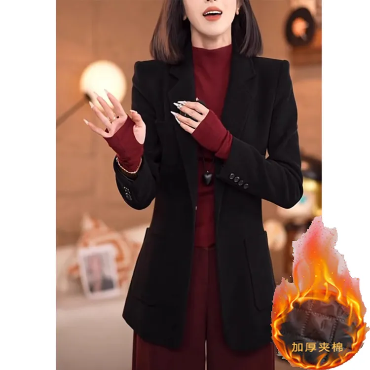  秋冬加棉黑色高级感复古气质设计感百搭西装外套女休闲小西服女