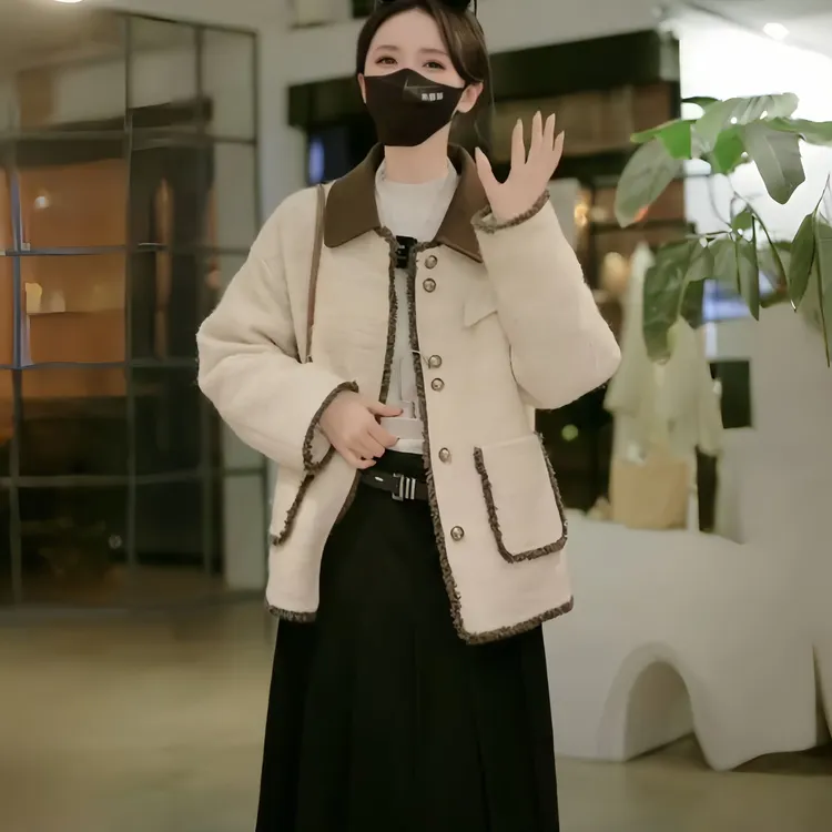 金晨撞色拼接复古翻领羊毛休闲显瘦加厚白鸭毛呢外套女