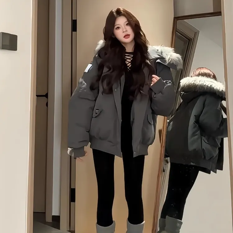 工装羽绒棉服女灰色新款冬季大毛领加厚面包服韩系派克服棉袄外套