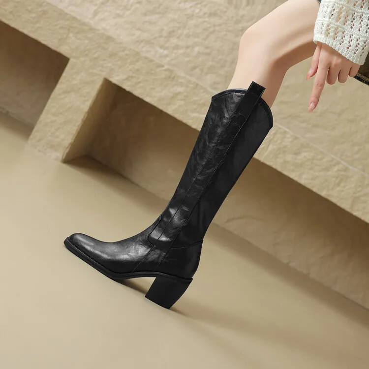 7cm法式复古圆头粗跟不过膝骑士靴小个子增高长靴时尚百搭高筒靴