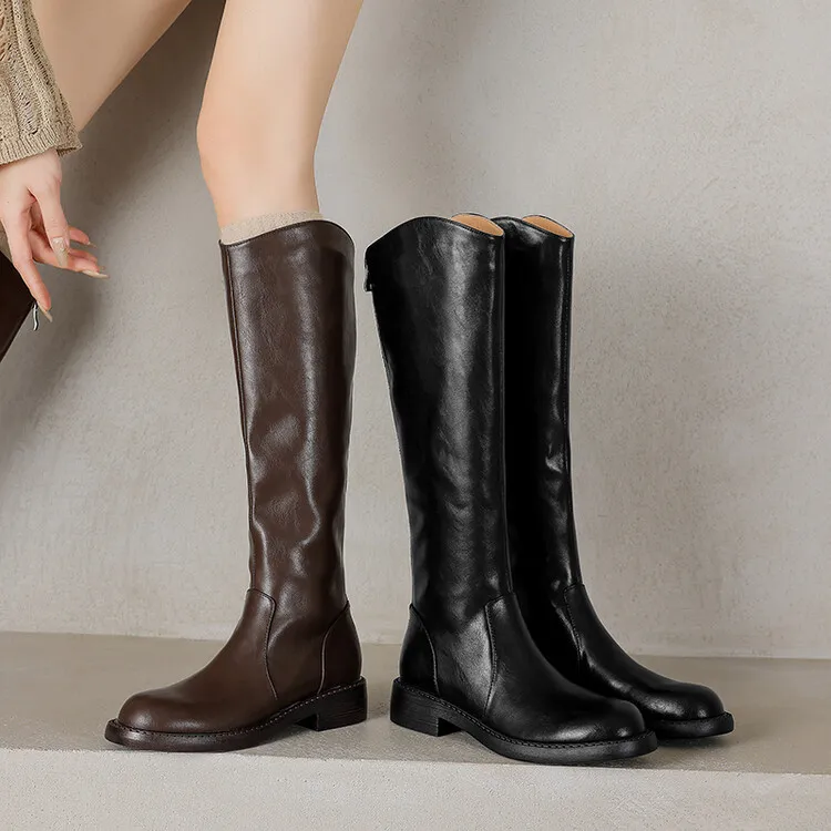 3.5cm 简约休闲舒适软底百搭骑士靴秋冬季法式复古时尚小个子长靴