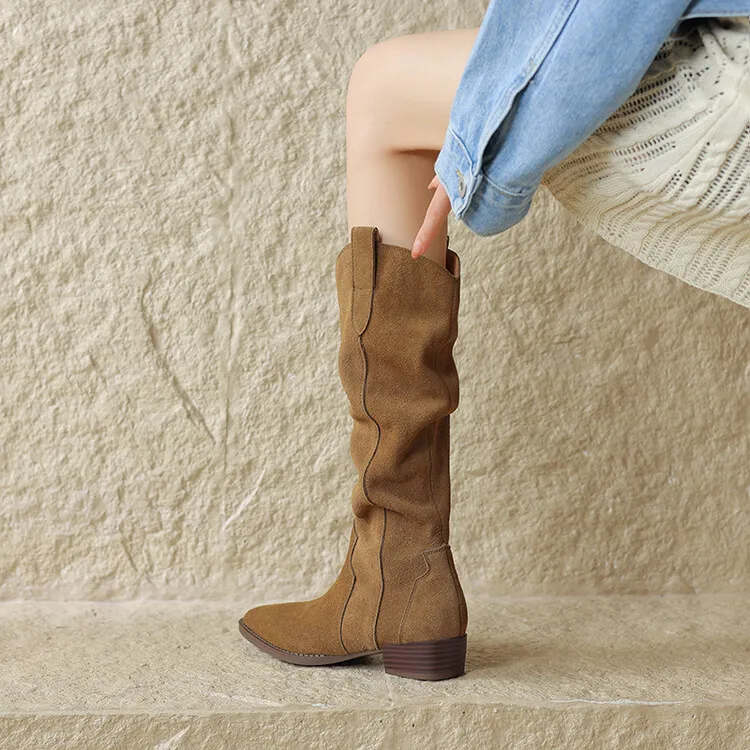 3cm复古简约西部靴溯源好物超火爆款美拉德磨砂长筒靴显瘦高筒靴