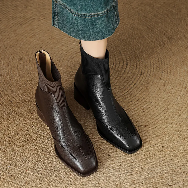 5cm头层羊皮方头粗跟短靴女秋冬高跟弹力瘦瘦靴黑色时尚大码靴子