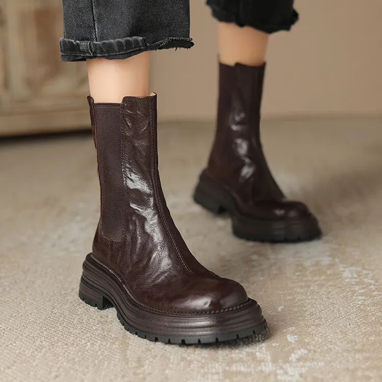 4.5cm真皮烟筒靴复古百搭黑色切尔西靴女秋冬保暖圆头中筒瘦瘦靴