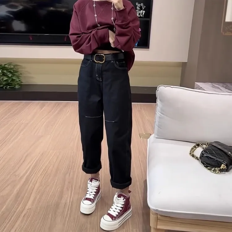 2024年秋季大码高腰弹力哈伦牛仔裤女胖mm梨型身材显瘦九分老爹裤