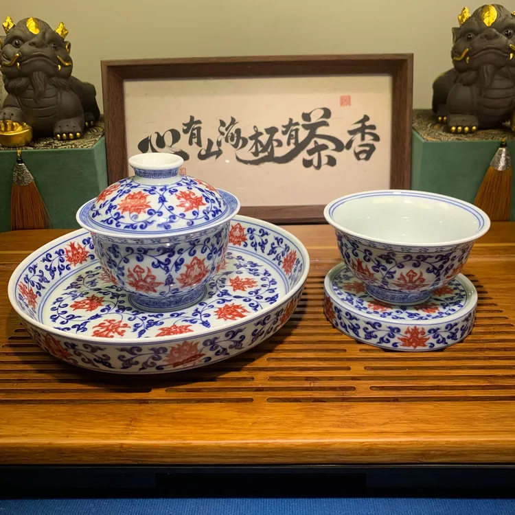 明永乐点工景德镇中式高端陶瓷悬停盖碗青花釉里红缠枝莲茶具套装