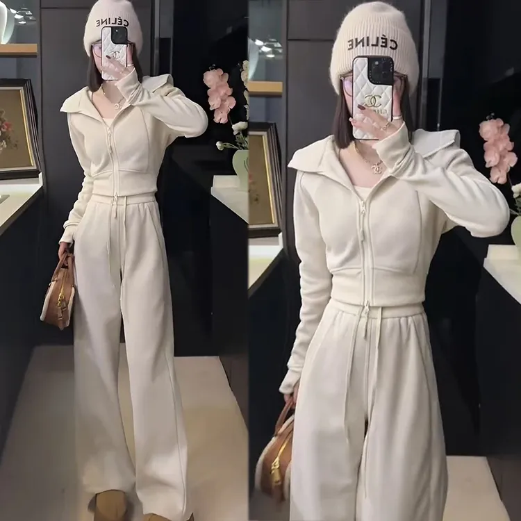 2025春秋新款连帽拉链卫衣阔腿裤两件套时尚洋气减龄加绒运动套装