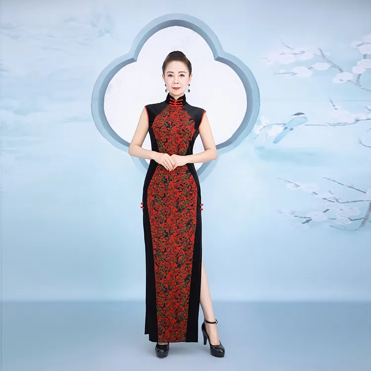 李月英定制红色小貂拼接旗袍收身（定制可修改不退换送69元耳环）