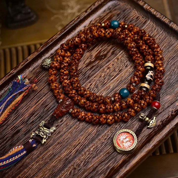 藏传空行母佛珠链 手工雕刻吉祥结108颗手持脖挂件 老料鹰骨男款