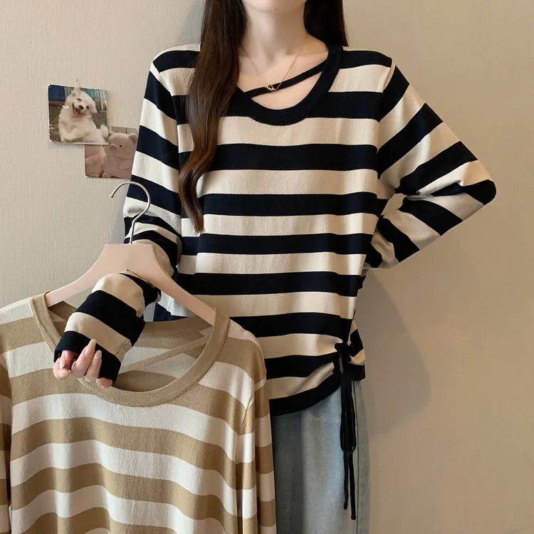 清长大码女2025秋季气质长袖条纹针织衫时尚显瘦百搭上衣女69241