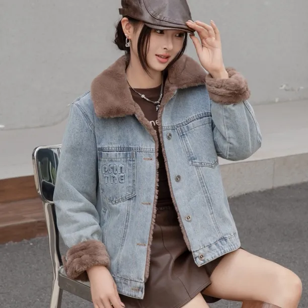 欧版女装加绒加厚牛仔外套秋冬时尚潮流保暖