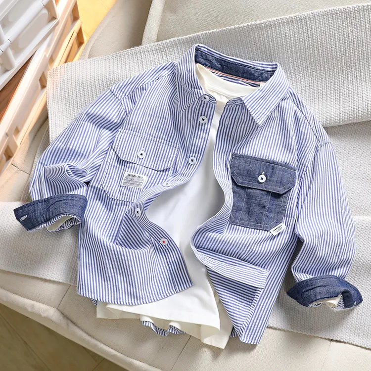 春秋儿童长袖条纹衬衫男童宽松洋气百搭上衣中大童翻领休闲衬衣潮
