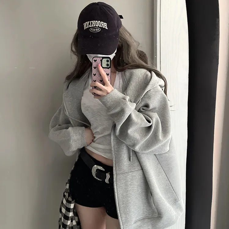 尹千金高克重慵懒风纯色基础款休闲百搭灰色开衫拉拉连帽卫衣女