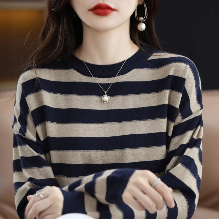 太好穿了~90-190斤春秋季圆领条纹时尚宽松大码毛衣针织打底衫