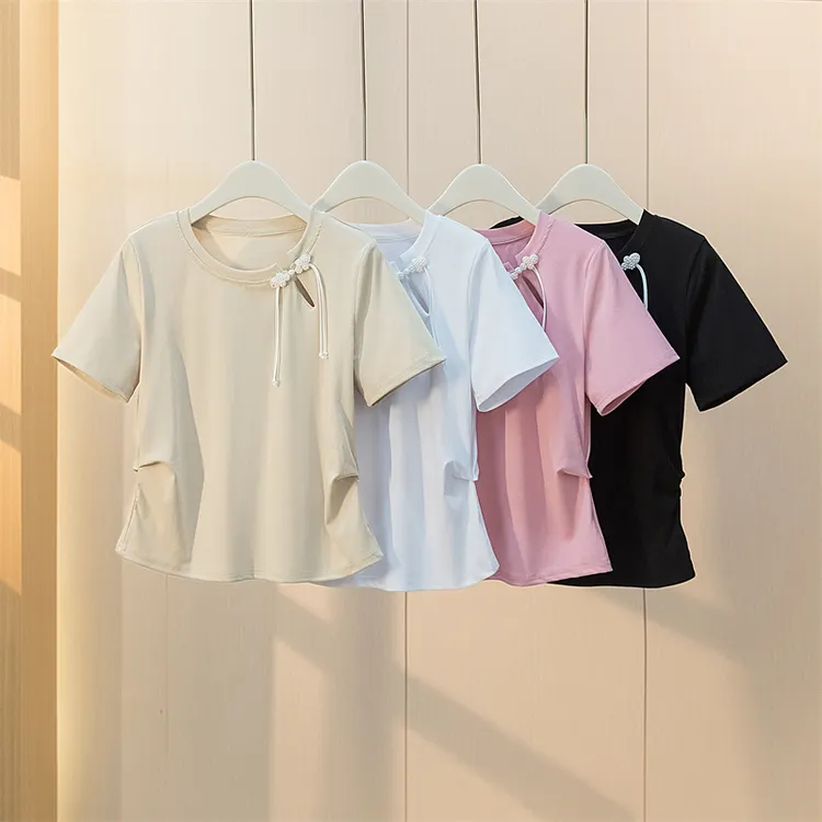 2024夏季时尚小心机别致修身短袖T恤大码复古盘扣褶皱显瘦上衣女