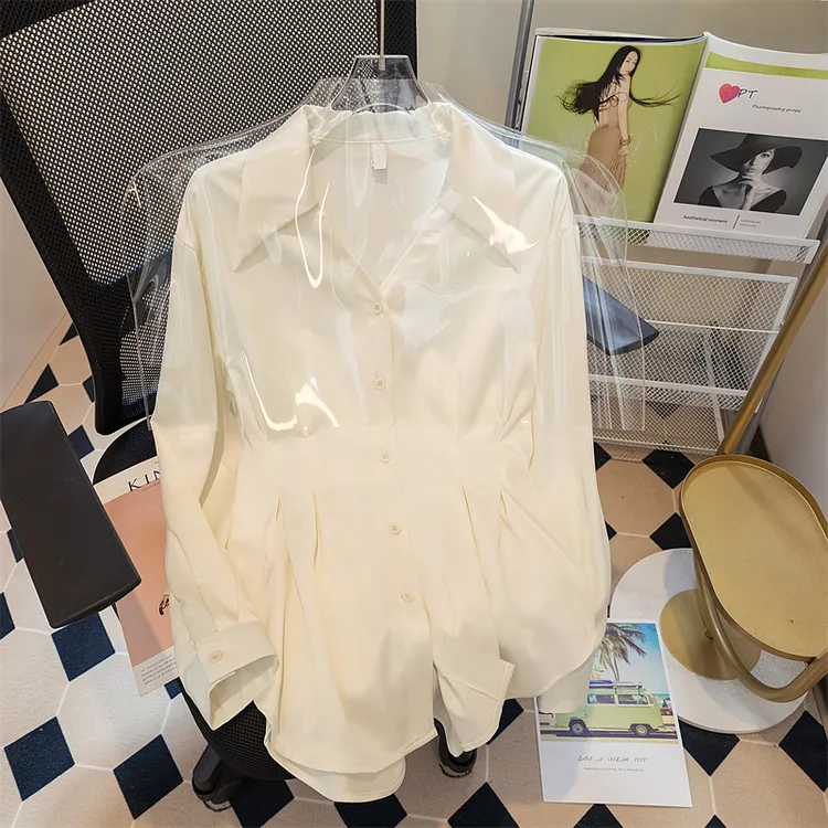 大码女装收腰V领燕尾衬衣2025年秋款设计感小众别致中长款衬衫女