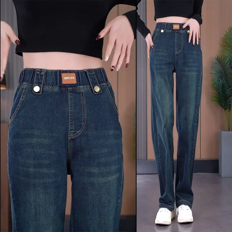 松紧腰牛仔裤女秋冬季2025新款高腰大码宽松直筒裤窄版阔腿裤百搭