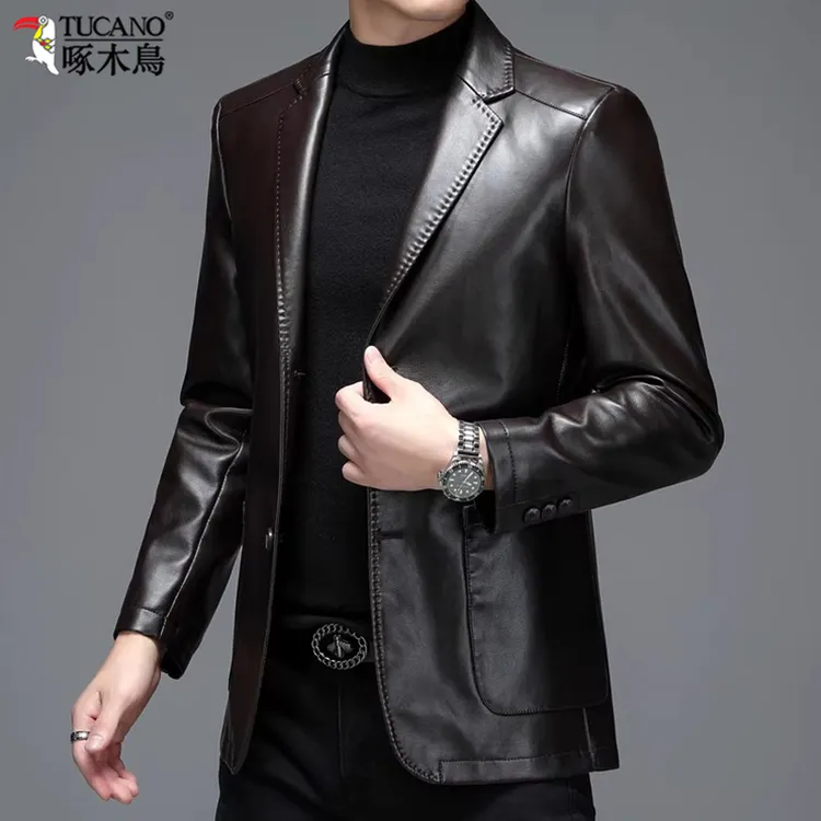 啄木鸟春秋季海宁真皮皮衣男士绵羊皮西服夹克皮西装外套薄款