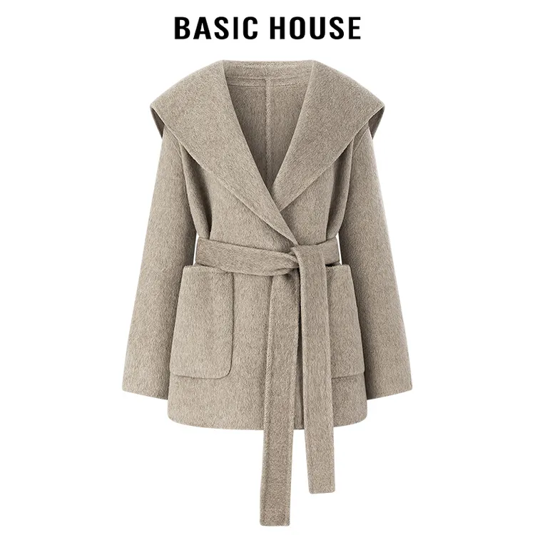 百家好/Basic House2024年海军领腰带收腰短款双面呢大衣宽松外套
