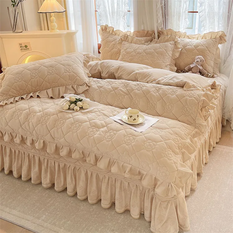 高档婴儿绒全夹棉床盖四件套纯色牛奶绒细绒被套防滑床罩加厚冬季