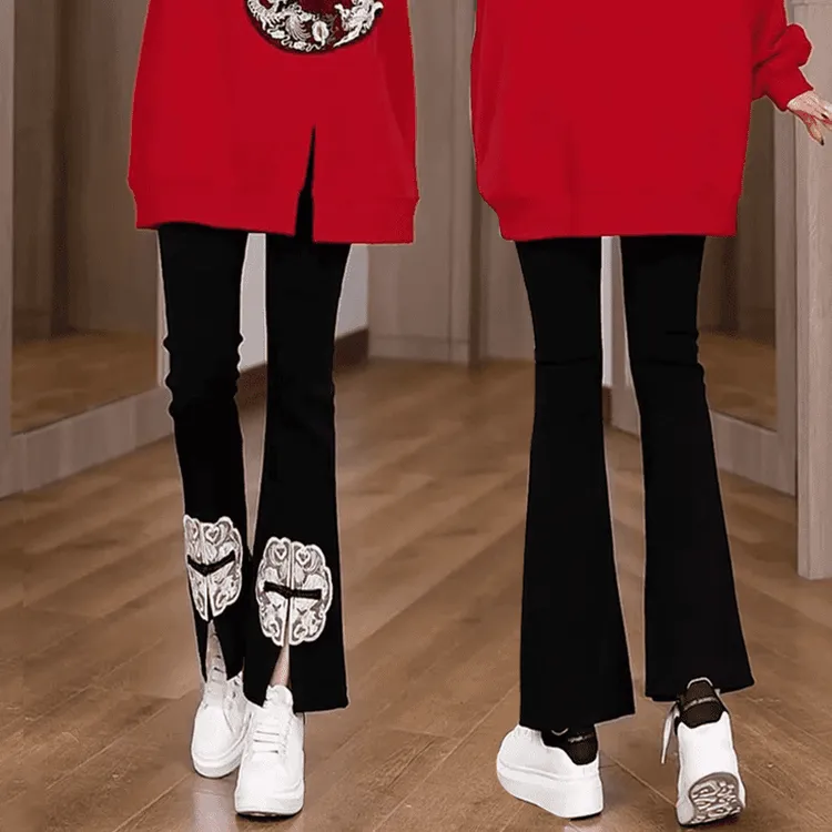 2024新中式国风女装刺绣盘扣微喇裤大码微胖mm时尚设计感显瘦裤子