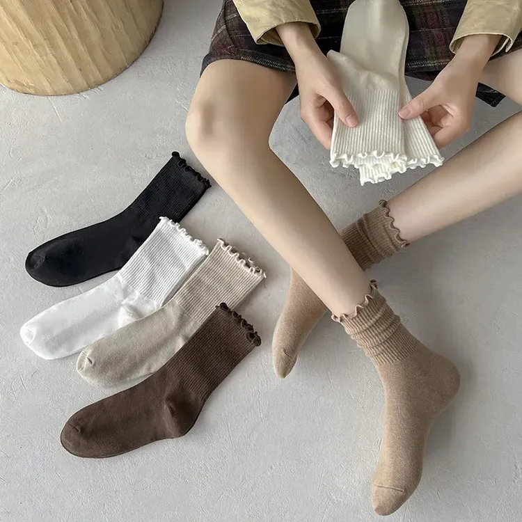 松口月子袜春秋季孕妇木耳边堆堆袜女中筒夏四季花边纯色产妇棉袜