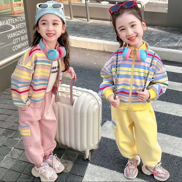 女童套装春秋款2024新款时尚小女孩彩条棒球服套装中小儿童两件套