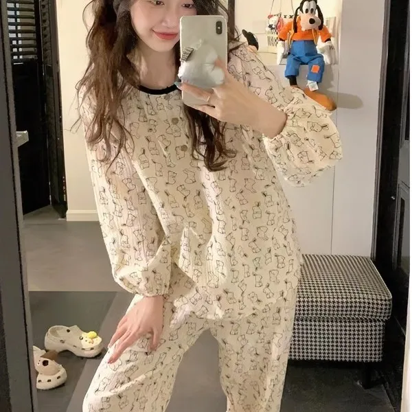 韩版ins甜美可爱卡通印花小兔子睡衣女春秋少女长袖长裤家居服