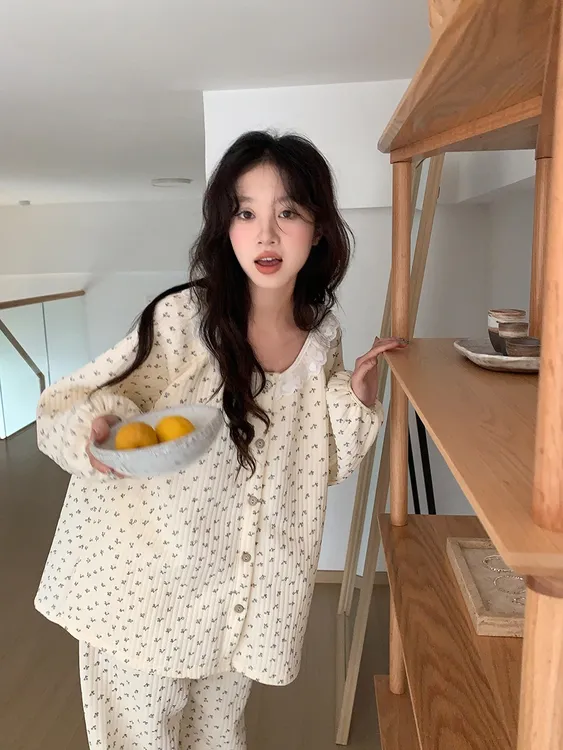 韩版ins甜美少女公主风碎花睡衣女秋冬空气棉保暖长袖长裤家居服