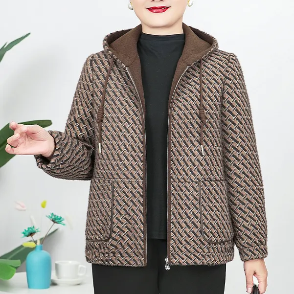 V/雅鹿胖妈妈毛呢外套大码洋气中老年女装连帽新款短外套D25130