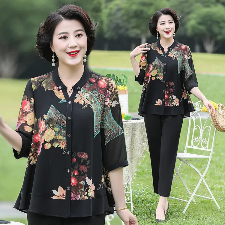 雅鹿中老年女装中年夏装中袖衬衫妈妈装夏季洋气小衫B3685