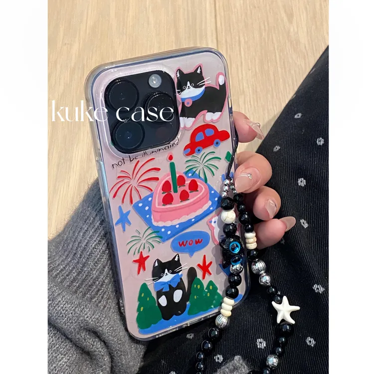 【适用苹果】ins少女草莓蛋糕黑猫双层亮面手机壳iPhone16pro/15