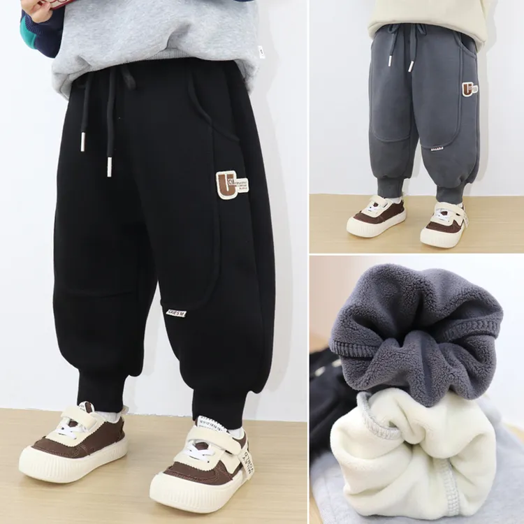 男童加绒加厚运动裤一体绒卫裤三层夹棉裤中小童长裤外穿宽松保暖