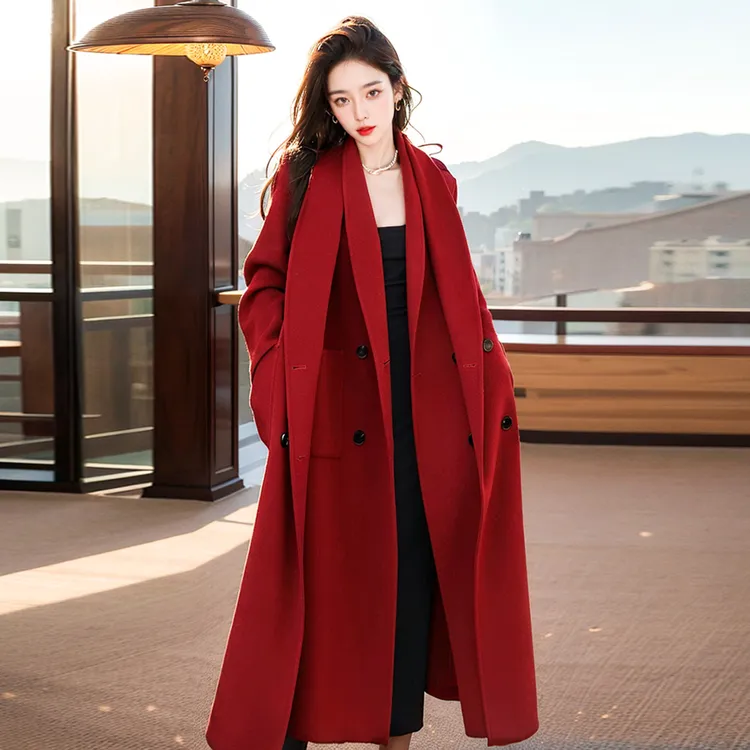 2025年秋冬高级感复古安哥拉红色双面呢子大衣长款开衫外套女毛呢