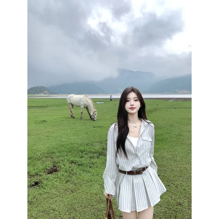 旷野遐想老钱风长袖条纹衬衫连衣裙夏季设计感法式翻领女短裙百搭