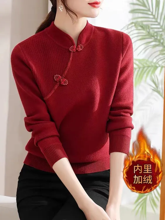 妈妈装秋冬时尚旗袍领上衣新款毛衣中老年女装洋气加绒加厚打底衫