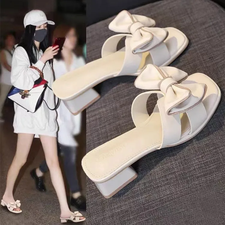 仙女风蝴蝶结一字凉拖鞋女夏2024新款粗跟中跟5cm高跟外穿配裙子