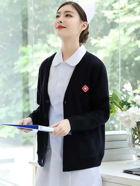 藏蓝护士毛衣外套开衫抗起球女加绒加厚医护医院护士服外搭针织衫