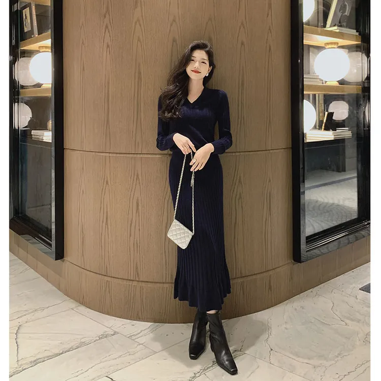 美洋MEIYANG 聚光灯针织连衣裙 红毯女神！V领收腰鱼尾裙显瘦气质